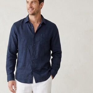 Uniqlo Navy Blue 100% Linen Button Up Shirt Mens Size M